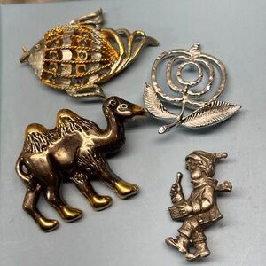 4 costume jewelry pins, Camel, Apple, Drummer, Fish